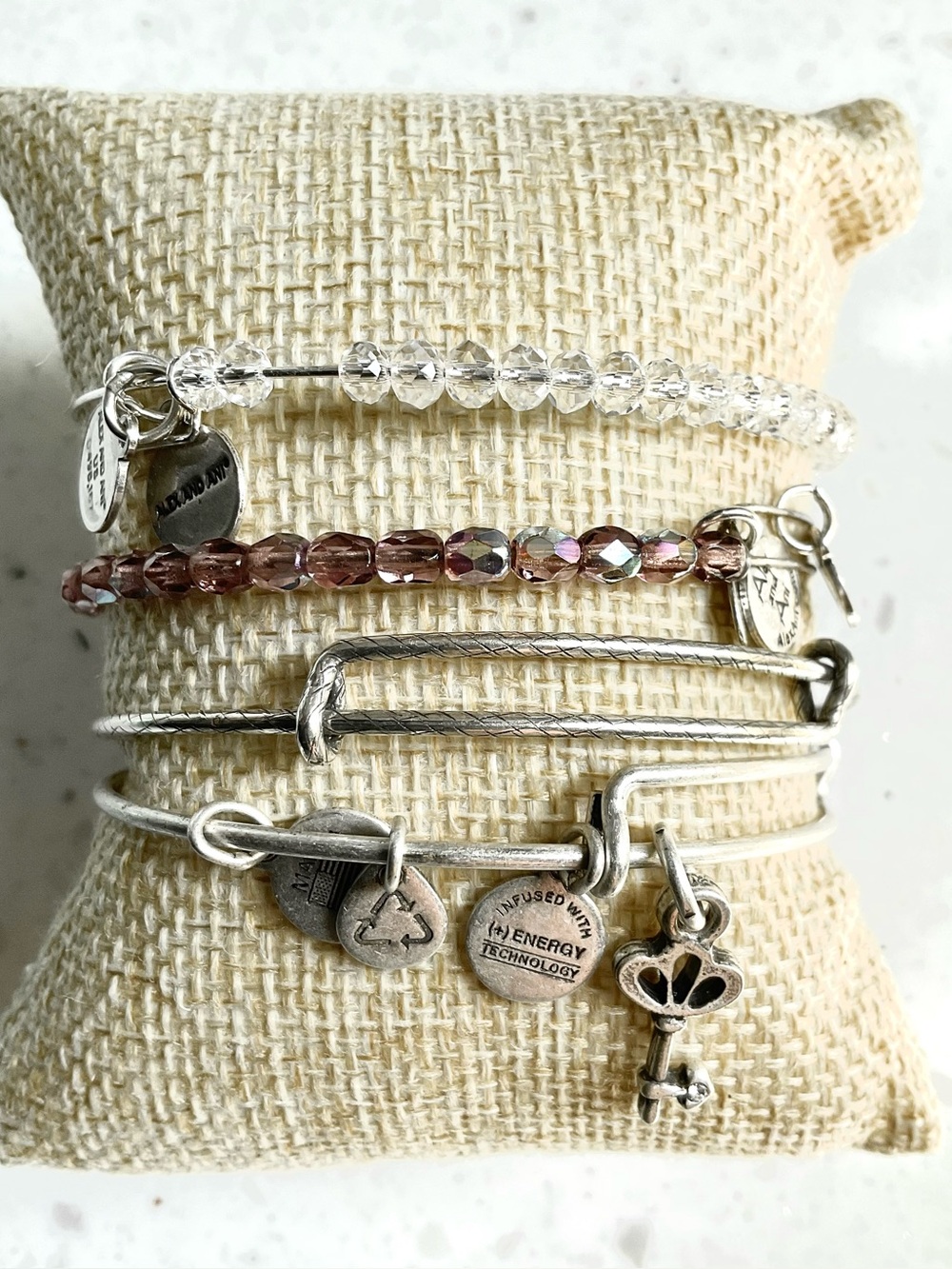 Alex and Ani Silver and Pink Crystal Stackable Bracelet Set